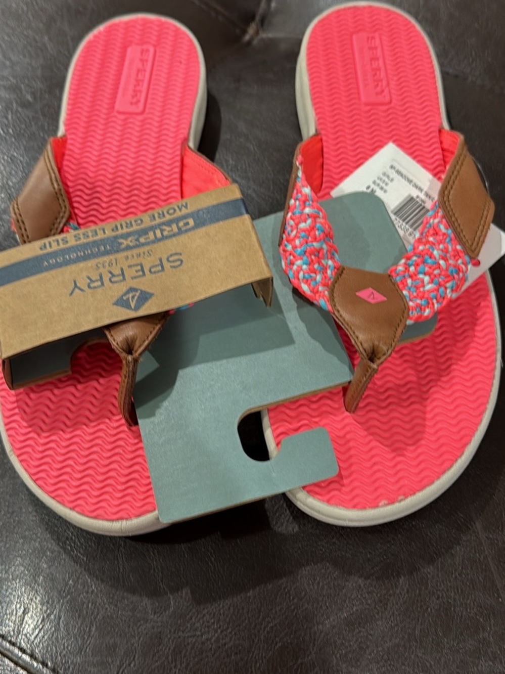 Sperry Girls' Pink Braided Strap Flip Flops with Brown Trim